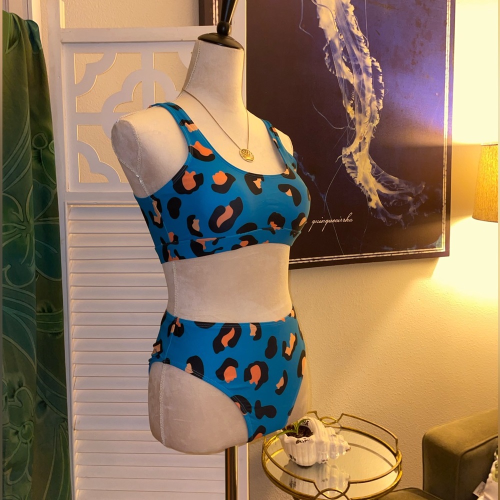 NWT | PINE Blue Leopard Split Back High Waist Bikini | Size Medium